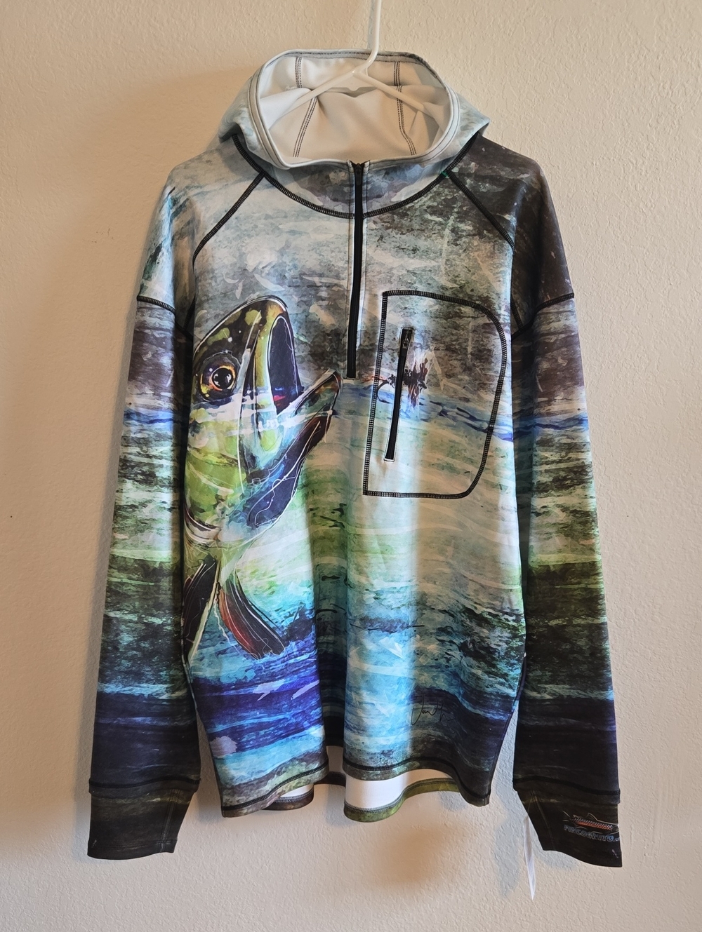 Fincognito Fish Graphic Half-Zip Hooded Shirt W/Pockets in Blue-Green - Large